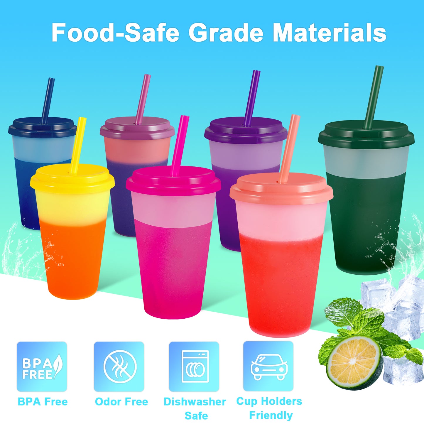 Patinao Color Changing Cups Tumblers with Lids & Straws for Kids - 7 Reusable Plastic Bulk Tumblers 12oz Cold Cup Tumbler Set for Kids