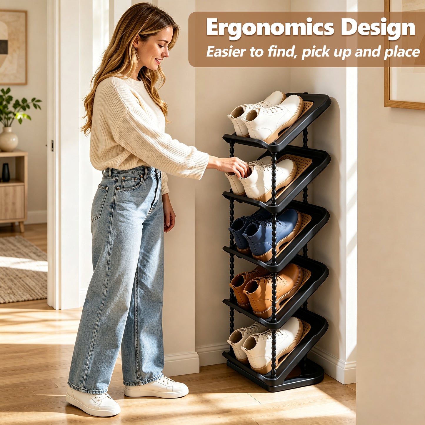 Patinao Sloping Narrow Shoe Rack 5 Tiers - Slim Tall Shoes Racks for Small Spaces and Corner, Shoe Storage Organiser Cabinet for Hallway, Vertical Shoe Shelf Stand Holder for Shoes and Boots - Black