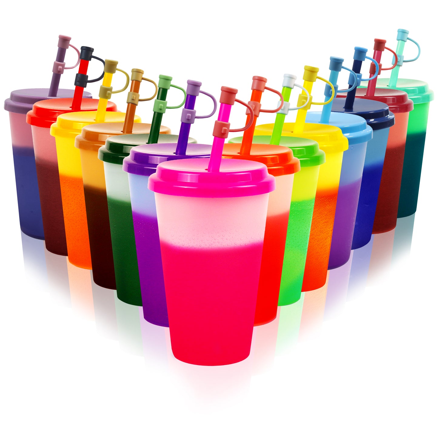 Patinao Color Changing Cups Tumblers with Lids & Straws for Kids - 7 Reusable Plastic Bulk Tumblers 12oz Cold Cup Tumbler Set for Kids