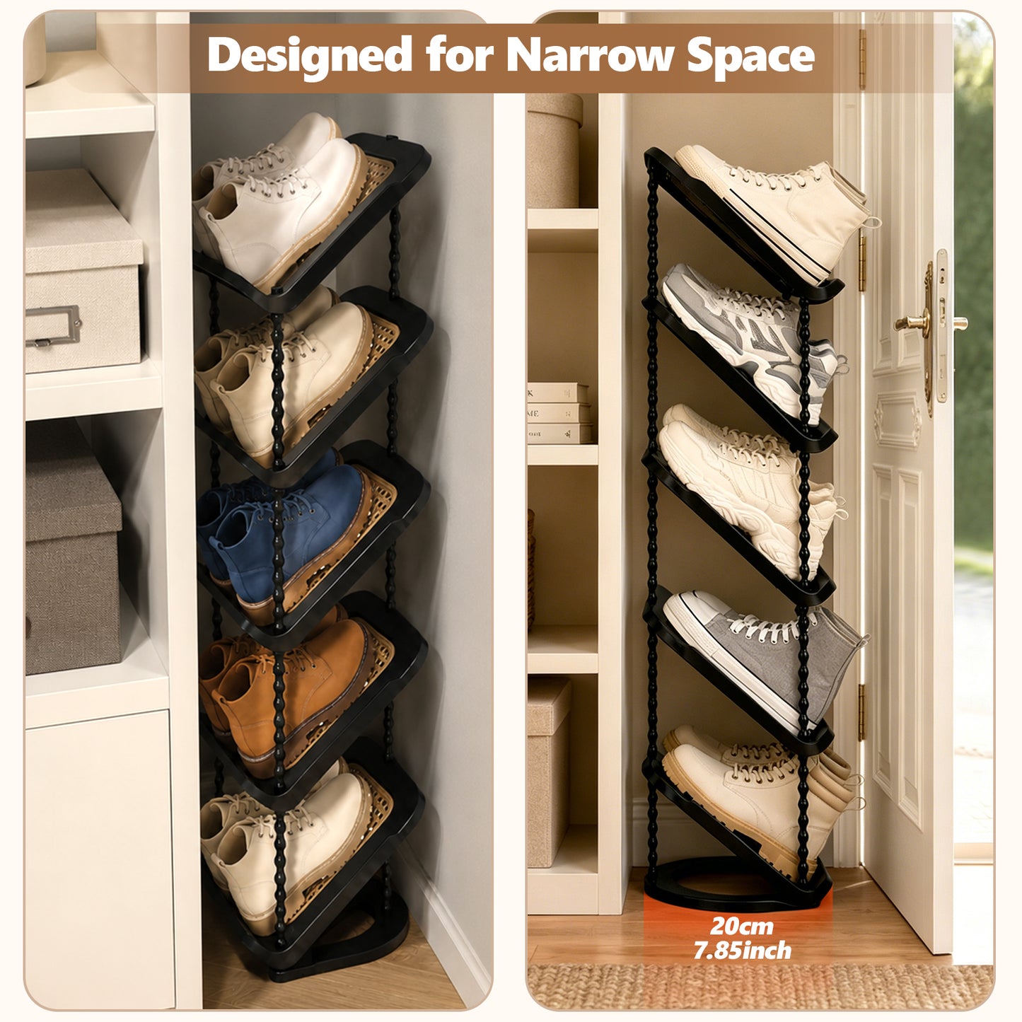 Patinao Sloping Narrow Shoe Rack 5 Tiers - Slim Tall Shoes Racks for Small Spaces and Corner, Shoe Storage Organiser Cabinet for Hallway, Vertical Shoe Shelf Stand Holder for Shoes and Boots - Black