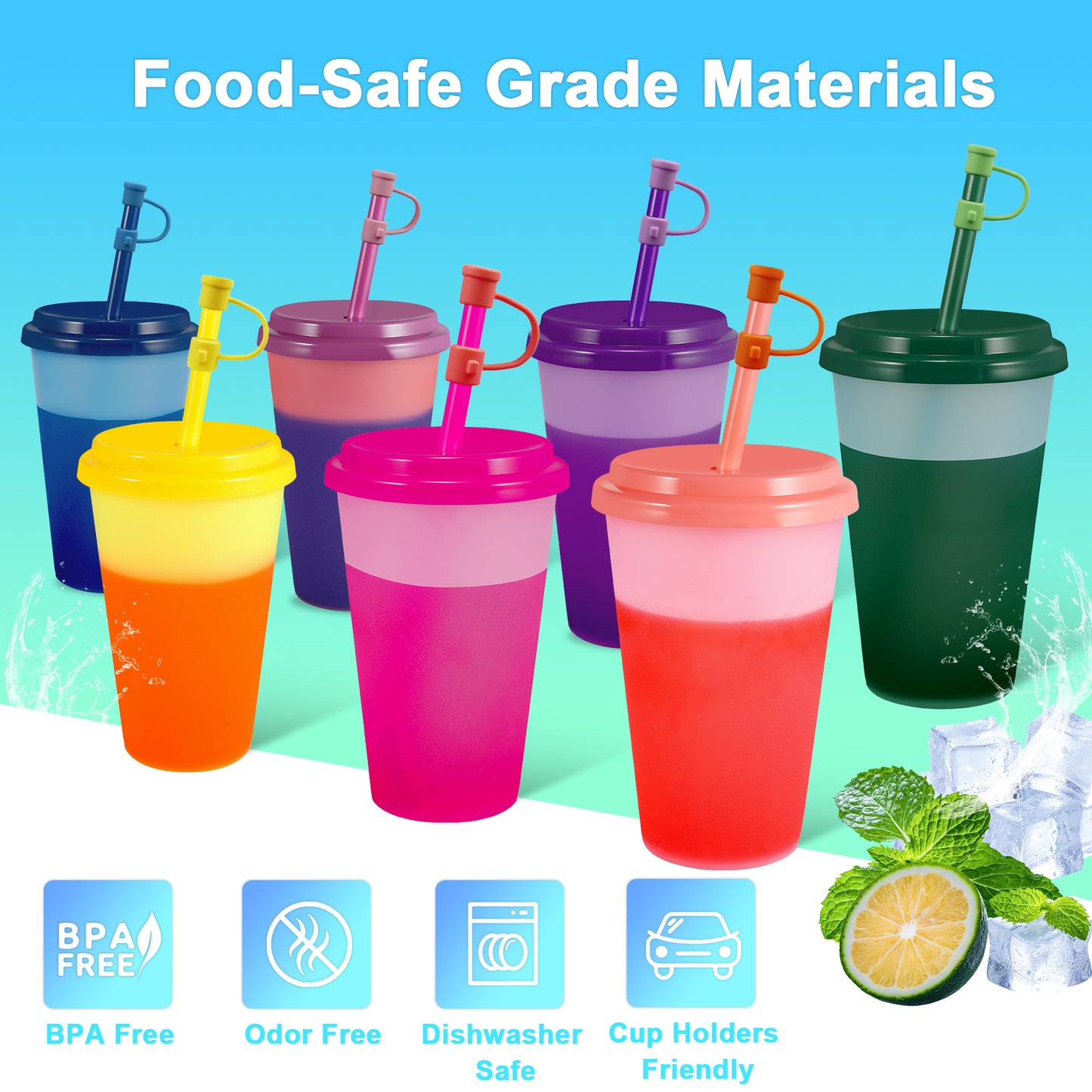 Patinao Color Changing Cups Tumblers with Lids & Straws for Kids - 7 Reusable Plastic Bulk Tumblers 12oz Cold Cup Tumbler Set for Kids