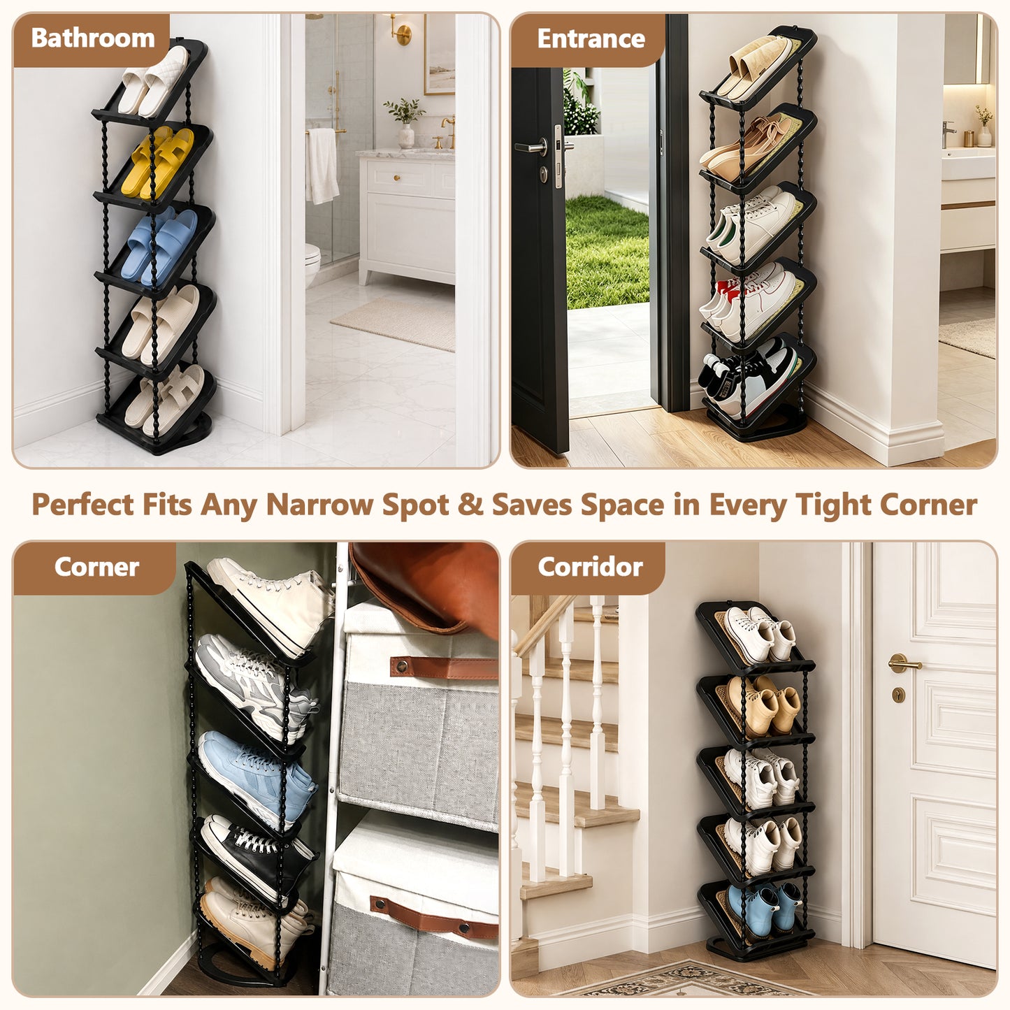 Patinao Sloping Narrow Shoe Rack 5 Tiers - Slim Tall Shoes Racks for Small Spaces and Corner, Shoe Storage Organiser Cabinet for Hallway, Vertical Shoe Shelf Stand Holder for Shoes and Boots - Black