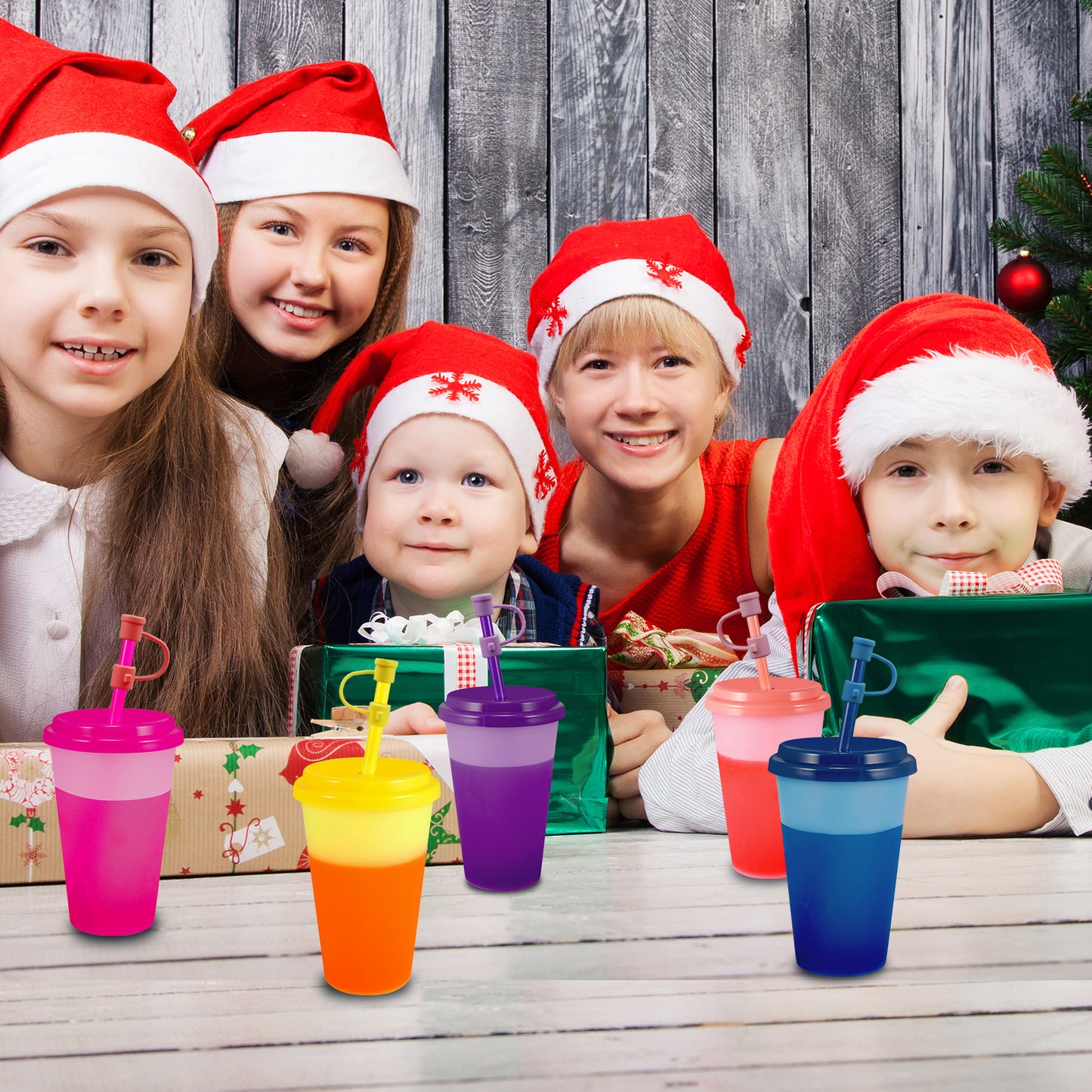 Patinao Color Changing Cups Tumblers with Lids & Straws for Kids - 7 Reusable Plastic Bulk Tumblers 12oz Cold Cup Tumbler Set for Kids