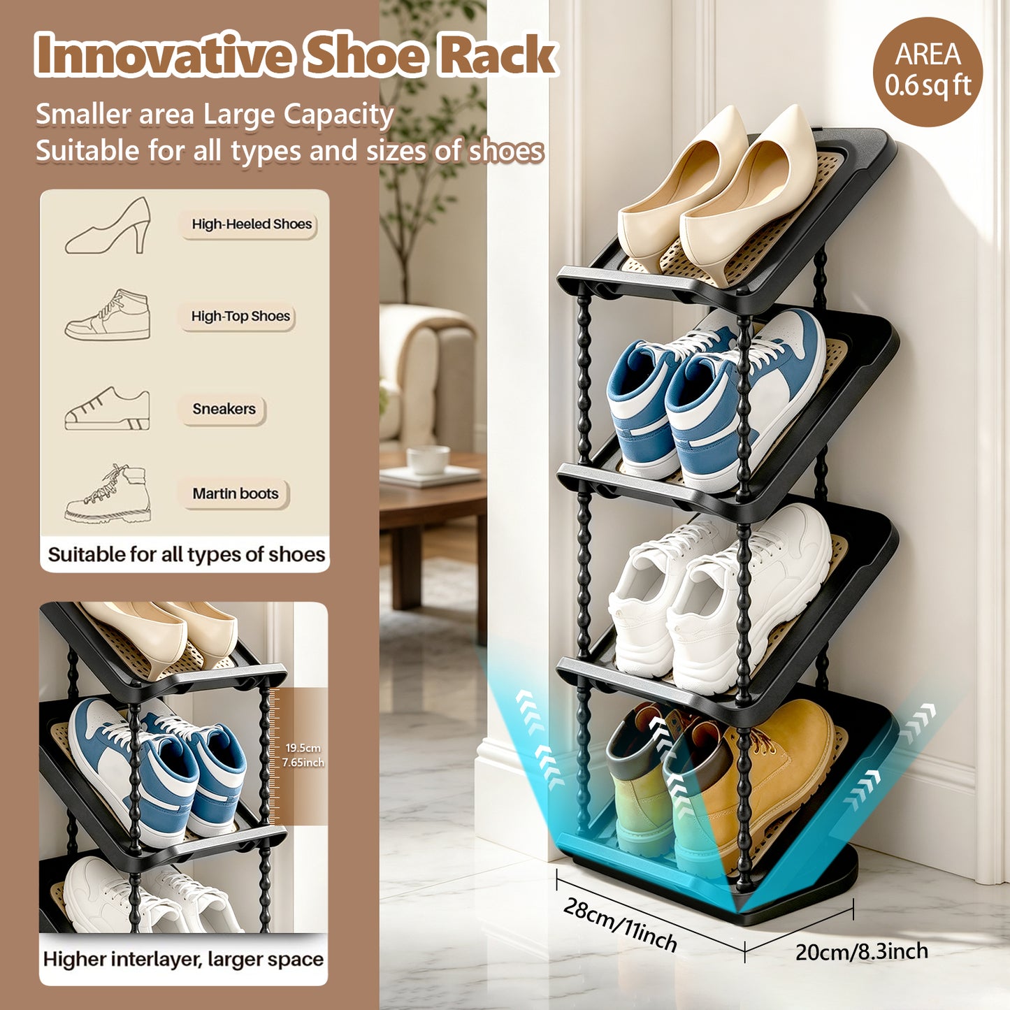 Patinao Sloping Narrow Shoe Rack 5 Tiers - Slim Tall Shoes Racks for Small Spaces and Corner, Shoe Storage Organiser Cabinet for Hallway, Vertical Shoe Shelf Stand Holder for Shoes and Boots - Black