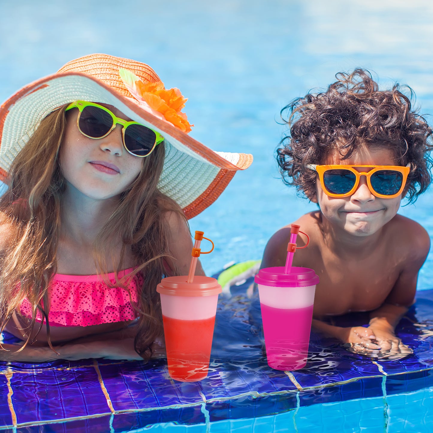 Patinao Color Changing Cups Tumblers with Lids & Straws for Kids - 7 Reusable Plastic Bulk Tumblers 12oz Cold Cup Tumbler Set for Kids