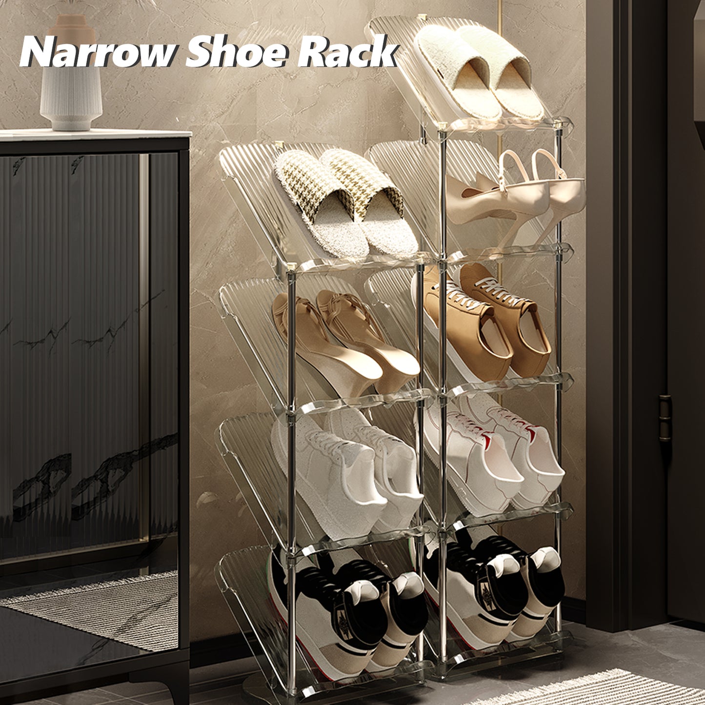 Sloping Narrow Shoe Rack 5 Tiers - Free Standing Vertical Shoes Racks for Small Spaces and Corner, Shoe Storage Organizer for Entryway, Tall Slim Shoe Shelf Cabinet for Shoes and Boots