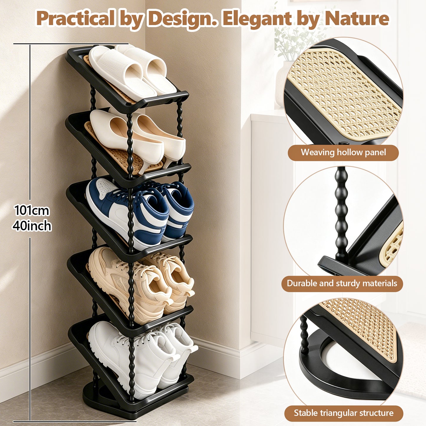 Patinao Sloping Narrow Shoe Rack 5 Tiers - Slim Tall Shoes Racks for Small Spaces and Corner, Shoe Storage Organiser Cabinet for Hallway, Vertical Shoe Shelf Stand Holder for Shoes and Boots - Black